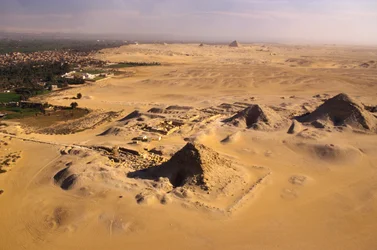 Old Kingdom; aerial of Abusir pyramids with Saqqara pyramids in distance; Egypt