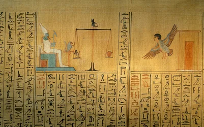 Papyrus from the tomb of Maiherpri; Valley of the Kings; Ba leaving tomb; weighing of the heart