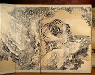 Six-Fold Screen Depicting a Roaring Tiger