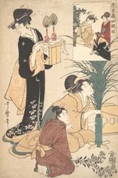A Woman and a Man Arranging Flowers for the Tsukimi Moon Festival