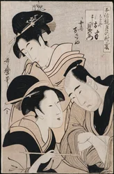 A triple portrait of Ohan of the Shinanoya, Choemon and his wife Okinu, from the series Models of Love-Talk: Clouds Form Over the Moon