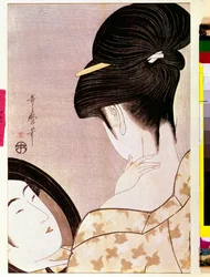 A woman powdering her neck in the shade. Japanese print by Kitagawa Utamaro (1753-1806). 0.37 x 0.22 m. 1795-1796. Paris, Musée Guimet, National Museum of Asian Arts