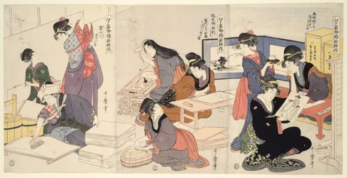 Artist, Block Carver, Applying Sizing, from the series The Cultivation of Brocade Prints, a Famous Product of Edo