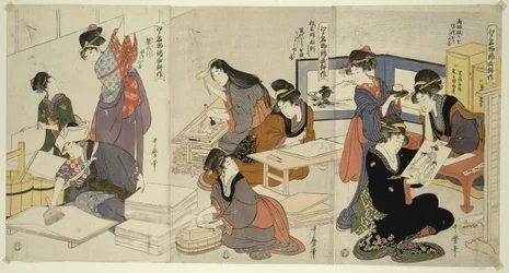 Artist, Block Carver, Applying Sizing, from the Series The Cultivation of Brocade Prints, A Famous Product of Edo