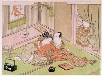 Couple caressing under the gaze of the handmaid
