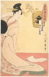 “Hanazuma of Hyōgoya, Kenbishi of Sakagami” from the series “The Peers of Saké Likened to Select Denizens of Six Houses” (Natori zake rokkasen: Hyōgoya Hanazuma, Sakagami no Kenbishi)