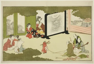 Performance of a Trained Monkey, from an illustrated poetry anthology entitled "The Young God Ebisu (Waka Ebisu)"