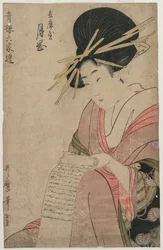 The Courtesan Tsukioka of Hyogoya Rolling a Letter