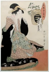 The sake of the Yomeishu of Mangaji. Portrait of a woman. Japanese print Ukiyo-e style, circa 1794