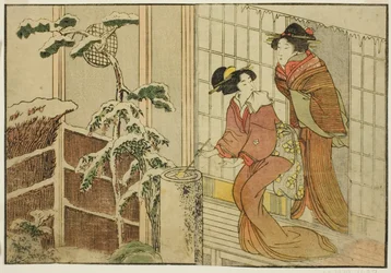 Two Women on Verandah on a Snowy Morning, from the illustrated book "Picture Book: Flowers of the Four Seasons," vol. 2