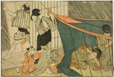 Women Inside a Mosquito Net During a Thunderstorm, from the illustrated book "Picture Book: Flowers of the Four Seasons," vol. 1