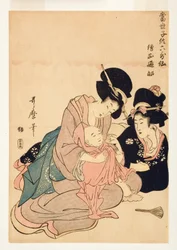 Women cuddling a baby boy dressed like the poet Henjo, 1804-06