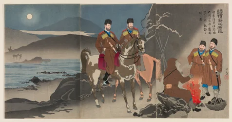 Gradual Advance of Scouts in the Righteous War to Chastise Russia: A Scouting Party of the Japanese Army Observing the Movements of Russian Cossack Soldiers across the Daedong River