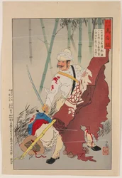 Sergeant Ōi, Surrounded by Bandits at Sanjiaoyong, Put Up a Hard Fight and Captured the Enemy Banner, and Shouting “Long Live the Empire,” Committed Suicide, from the Series “Mirror of Famous Army and Navy Men”