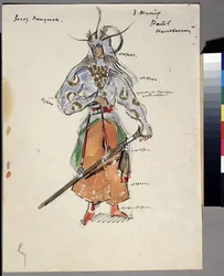 Costume design for the opera The Golden Cockerel by Nikolai Rimsky-Korsakov (1844-1908). Costume of a fighter, helmet and sword. Work