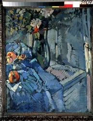 Flowers and Fruits. Still Life, a Corner of a Table with a Half-Folded Tablecloth, with Fruits and a Vase of Flowers