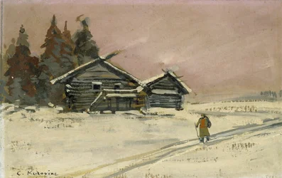 Winter Landscape with Two Wooden Huts