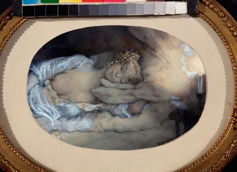 Being in Love. (A young girl lying down, bare breast, dreamy and smiling in the light of a candle). Work by Konstantin Andreyevich Somov, watercolor on paper