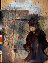 Spring. A woman dressed in black, with a melancholy expression and downcast gaze, leaning on a narrow railing. Work by Konstantin Andreyevich Somov (1869-1939)