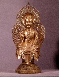 Korean art: Buddha statuette in gold. Silla period, 8th-10th century. National Museum of Korea