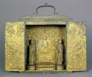 Portable Buddhist Shrine with Two Standing Bodhisattvas, a Buddhist Triad and Guardian Figure, Koryo Dynasty