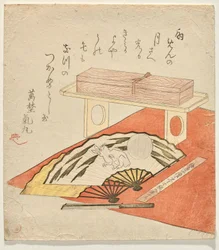 Fan Painting of Rabbit and Moon, on a Red Felt Blanket