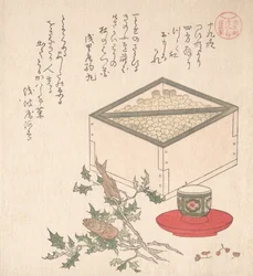 Green Peas in a Measure and Sprays of Hollyhock with Heads of Sardines, 19th century