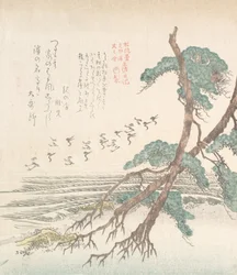Sea-Side Landscape with Pine Trees and Flying Cranes