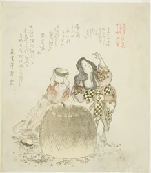 Woman and two boys gathering abalone, from the series "The Tosa Diary (Tosa nikki)"