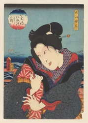 Sotoyama Myōshin on Balcony Near River, Sotoyama Myōshin (title on object), Biographies of the Eight Dog Heroes (series title on object)