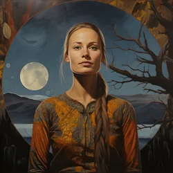 35-Year-Old Sami Woman with Crescent Moon, Mysterious Smile, Face and Body Slightly Turned Away, Long Blonde Hair 3