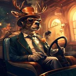 A Deer with a Cigar in His Mouth Driving a Convertible Automobile 3