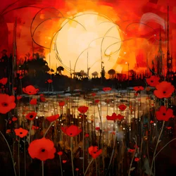 Abstract Landscape Art Featuring a Field of Wildflowers and a Bold Red Sun