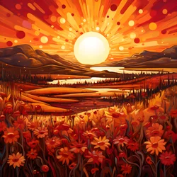 Abstract Landscape Art Featuring a Field of Wildflowers and a Bold Red Sun