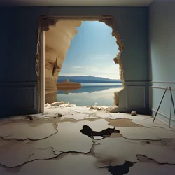 An Image of an Unused Room with Massive Lake and Desert in a Huge Hole Futurecore, High Contrast Chiaroscuro Warm Tones 2