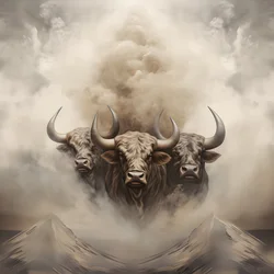 A Fractal Abstract Canvas, Beige-White Smoke Texture. 3 Black Bulls Emerging from the Smoke, with Mount Ararat on the Horizon. Poses Reminiscent of Bulls on Wall Street in New York. 1