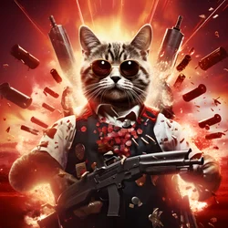 Film poster of a cat wearing a black-and-white polka-dot shirt and shiny sunglasses, with explosions and cannons in the background 1