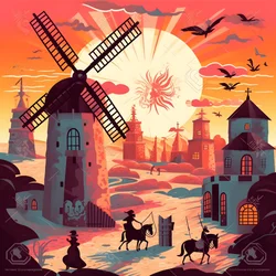 Background Don Quixote on His Donkey as Small as a Shadow in Front of the Windmills, a Suitable Backdrop 2