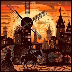 Background Don Quixote on His Donkey as Small as a Shadow in Front of the Windmills, a Suitable Backdrop 4
