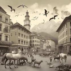 Innsbruck in an Old Photograph with Elegant Zebras, Seagulls, Monkeys, and Clay Figures. 1