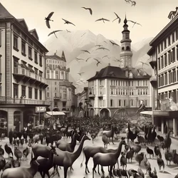 Innsbruck in an Old Photograph with Elegant Zebras, Seagulls, Monkeys, and Clay Figures. 4
