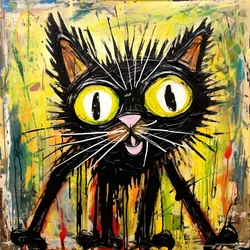 Neo-expressionism of a cartoon cat looking up curiously