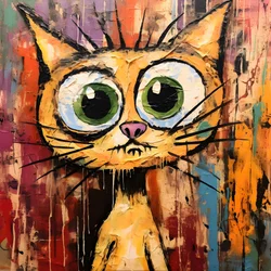 Neo-expressionism of a cartoon cat looking up curiously