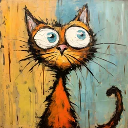 Neo-expressionism of a cartoon cat looking up curiously