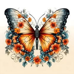 Butterfly in the Center, Symmetrical, with Flowers in the Background 3