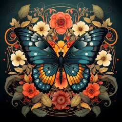 Butterfly in the Center, Symmetrical, with Flowers in the Background 4