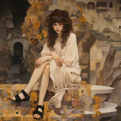 Teenager in Floral Dress and High Skate Shoes, Sitting in a Ruin Through Which a River Flows 1