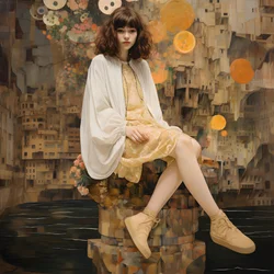 Teenager in Floral Dress and High Skate Shoes, Sitting in a Ruin Through Which a River Flows 2