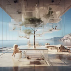 Transparent Building with Island Table