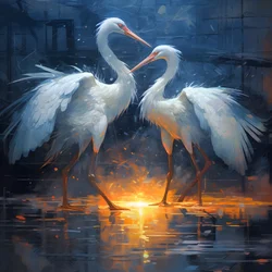 beautiful, magnificent, cinematic painting, two cranes kissing in the rain 1
